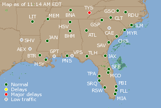 Southeast U.S. Airport Delays Map