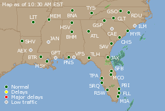 Southeast U.S. Airport Delays Map