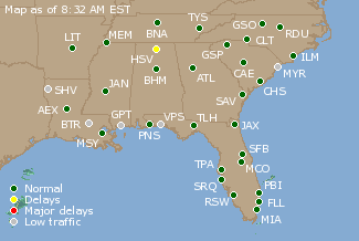 Southeast U.S. Airport Delays Map