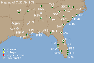 Southeast U.S. Airport Delays Map