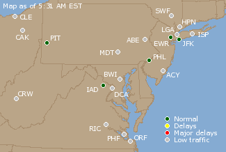 Mid-Atlantic U.S. Airport Delays Map