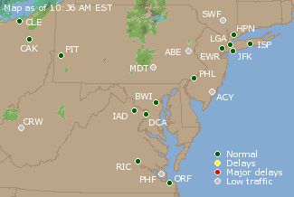 Mid-Atlantic U.S. Airport Delays Map