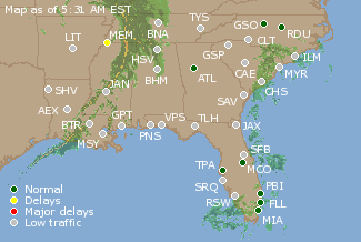 Southeast U.S. Airport Delays Map