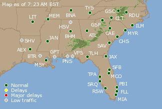 Southeast U.S. Airport Delays Map