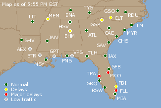 Southeast U.S. Airport Delays Map