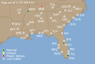 Southeast U.S. Airport Delays Map