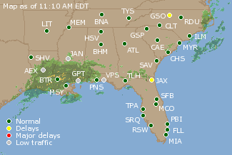 Southeast U.S. Airport Delays Map