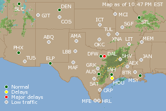 Southern-Central U.S. Airport Delays Map