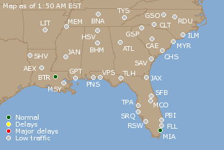 Southeast U.S. Airport Delays Map