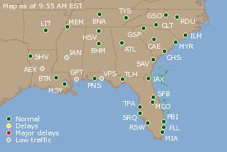 Southeast U.S. Airport Delays Map