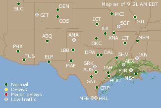 Southern-Central U.S. Airport Delays Map