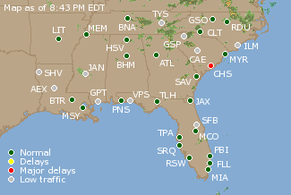 Southeast U.S. Airport Delays Map