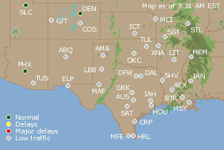 Southern-Central U.S. Airport Delays Map