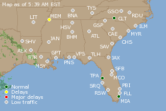 Southeast U.S. Airport Delays Map