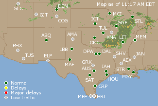 Southern-Central U.S. Airport Delays Map