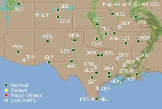 Southern-Central U.S. Airport Delays Map