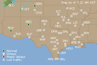 Southern-Central U.S. Airport Delays Map