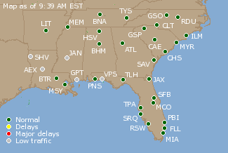 Southeast U.S. Airport Delays Map