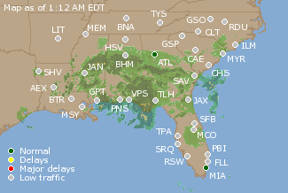 Southeast U.S. Airport Delays Map
