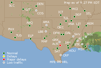 Southern-Central U.S. Airport Delays Map