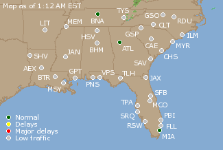 Southeast U.S. Airport Delays Map