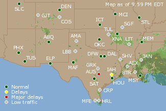 Southern-Central U.S. Airport Delays Map