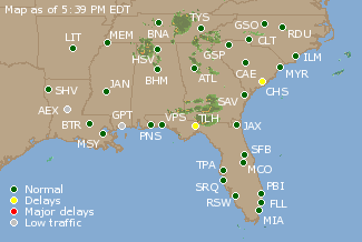 Southeast U.S. Airport Delays Map