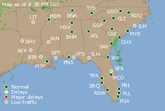 Southeast U.S. Airport Delays Map