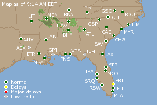 Southeast U.S. Airport Delays Map