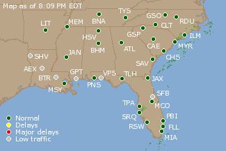 Southeast U.S. Airport Delays Map