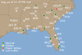 Southeast U.S. Airport Delays Map