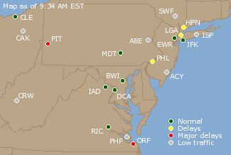 Mid-Atlantic U.S. Airport Delays Map