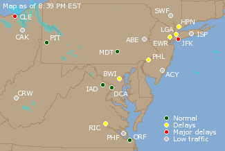 Mid-Atlantic U.S. Airport Delays Map