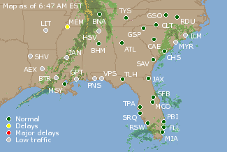 Southeast U.S. Airport Delays Map