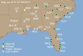 Southeast U.S. Airport Delays Map