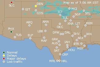 Southern-Central U.S. Airport Delays Map