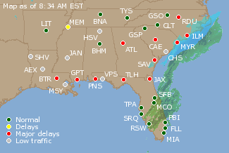 Southeast U.S. Airport Delays Map