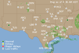 Southern-Central U.S. Airport Delays Map